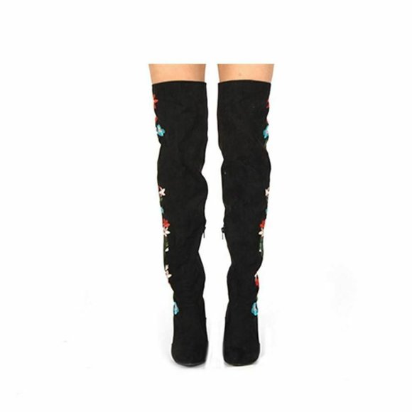 New Qupid Boots 6  OTK Over Knee Heel Black Faux Suede Embroidered Flowers - Picture 3 of 7